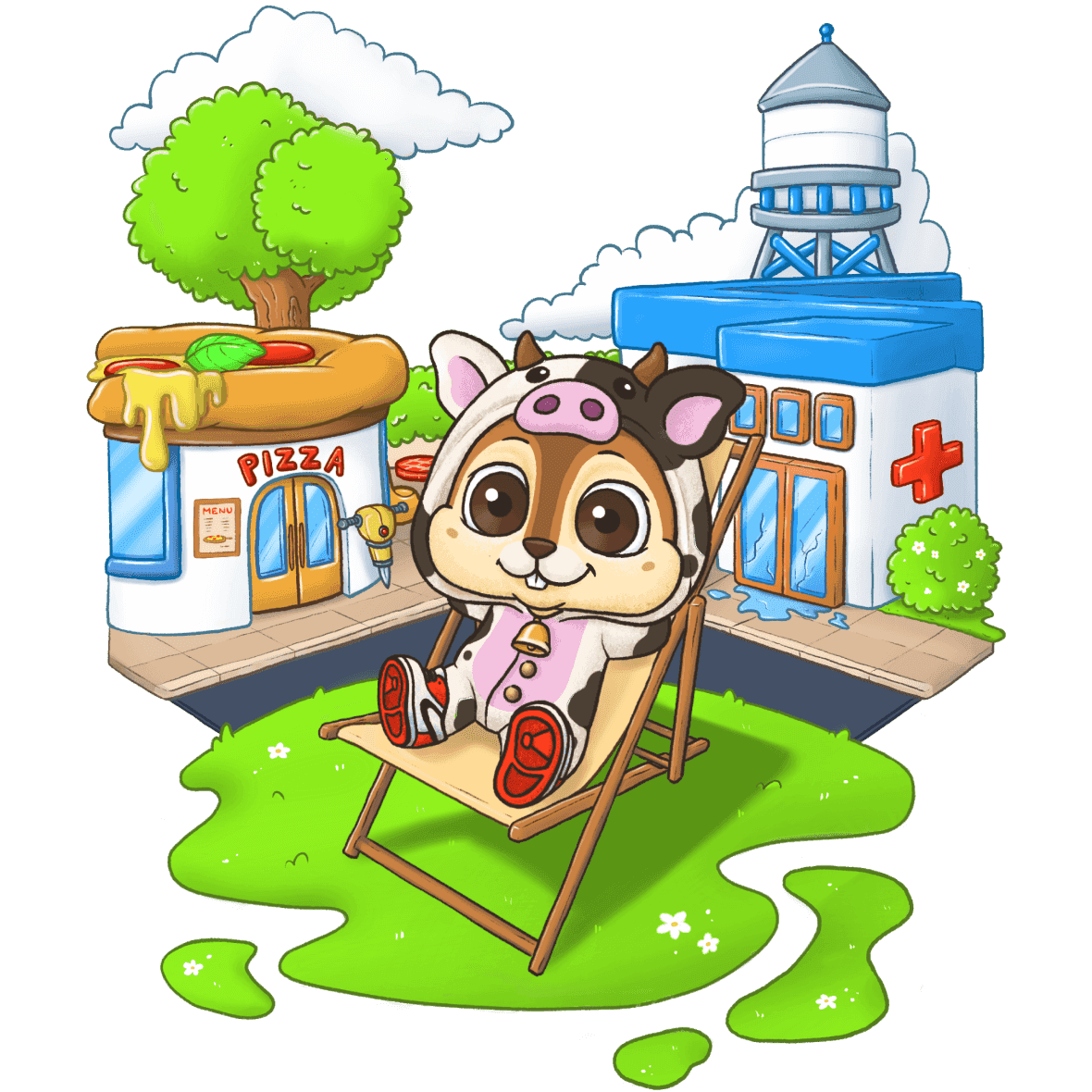 Nimi character sitting in front of the game world